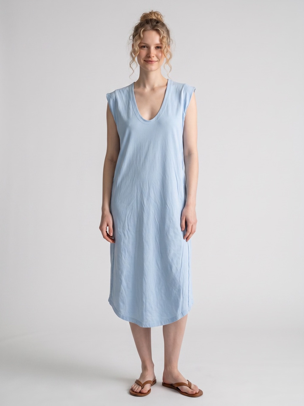 Free People Beach Blue T-Shirt Midi Dress Size S Sleeveless V-Neck Beach Resort